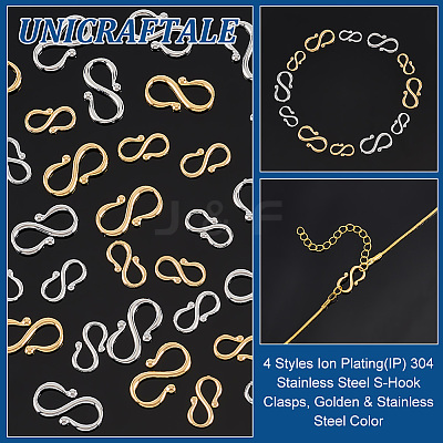 40Pcs 4 Styles Ion Plating(IP) 304 Stainless Steel S-Hook Clasps STAS-UN0061-24-1