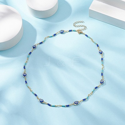Brass Evil Eye & Glass Beaded Chain Necklace NJEW-JN04312-1