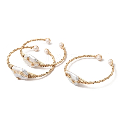 Brass Wire Wrapped Natural Baroque Pearl Cuff Bangles for Women BJEW-D453-02G-1