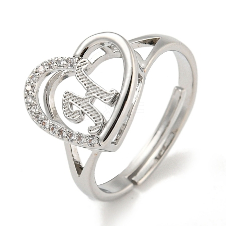 Heart with Letter Rack Plating Brass Micro Pave Cubic Zirconia Adjustable Rings for Women RJEW-I105-06P-H-1