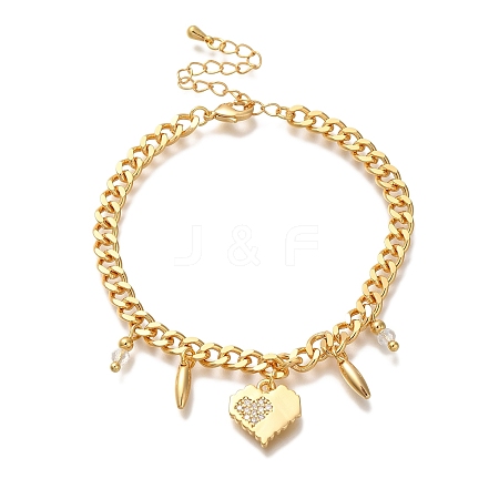 Heart Brass Micro Pave Clear Cubic Zirconia Card Paper Chain Bracelets For Women BJEW-L696-113G-1