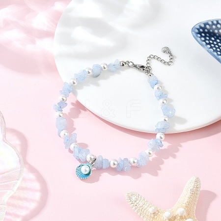Alloy Enamel Shell Shape Charm White Round Shell Pearl & Natural Dyed Aquamarine Chip Beaded Anklets AJEW-AN00734-02-1