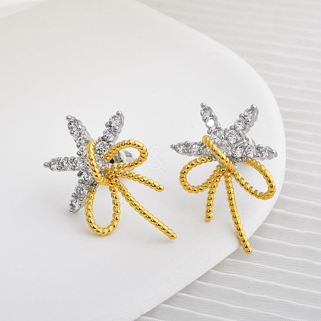 Bowknot Brass Micro Pave Cubic Zirconia Stud Earrings for Women EJEW-Q391-33PG-1