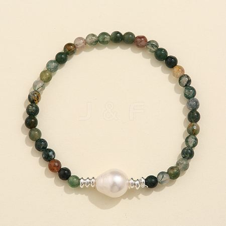 Natural Moss Agate & Freshwater Pearl Bead Stretch Bracelets for Women EC3110-5-1