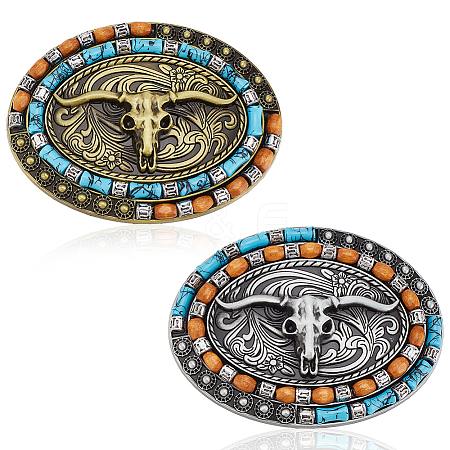 2Pcs 2 Colors Ox Head Alloy Belt Buckle for Men with Wood Bead FIND-AN0001-01-1