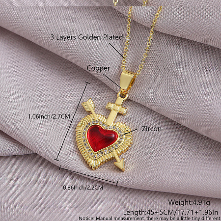 Brass Micro Pave Clear Cubic Zirconia and Red Resin Scared Heart Pendant with Arrow Necklaces for Women FS-WG476F5-20-1