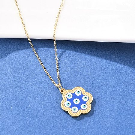 304 Stainless Steel Enamel Blue Evil Eye Flower Pendant Necklaces for Women NJEW-A064-02G-1