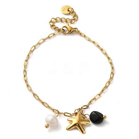 Natural Obsidian & Fresheater Pearl & Starfish Charm Bracelets BJEW-K237-06G-01-1