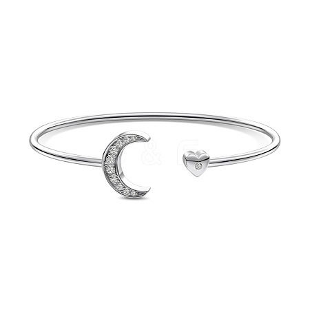 Moon Rhodium Plated 925 Sterling Silver Micro Pave Cubic Zirconia Cuff Bangles for Women BJEW-C062-05P-1