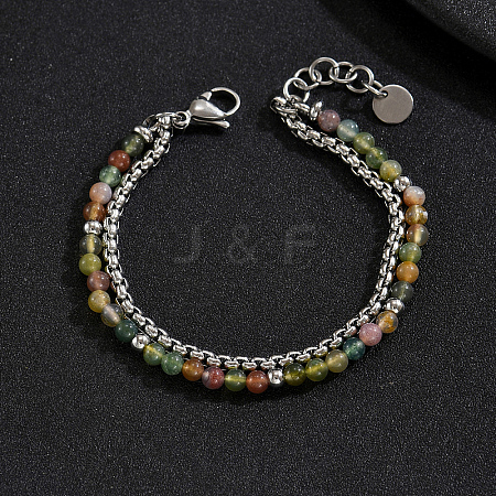 Natural Indian Agate Round Beaded 2-Strand Bracelets with 201 Stainless Steel Box Chains for Men Women EI8345-3-1