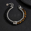 Natural Tiger Eye and Frosted Obsidian Round Beaded 2-Strand Bracelets with 201 Stainless Steel Wheat Chains for Men Women NT5911-3-1