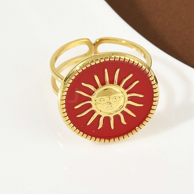 Flat Round with Sun Pattern 304 Stainless Steel Enamel Finger Rings for Women RJEW-G355-05G-02-1