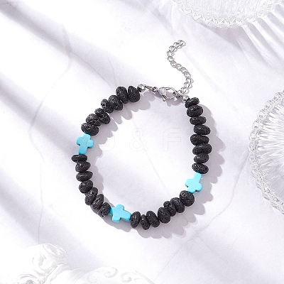 Synthetic Turquoise Cross & Natural Lava Rock Nuggets Beaded Bracelets BJEW-JB12193-02-1