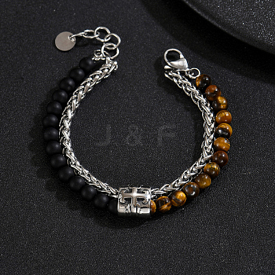 Natural Tiger Eye and Frosted Obsidian Round Beaded 2-Strand Bracelets with 201 Stainless Steel Wheat Chains for Men Women NT5911-3-1