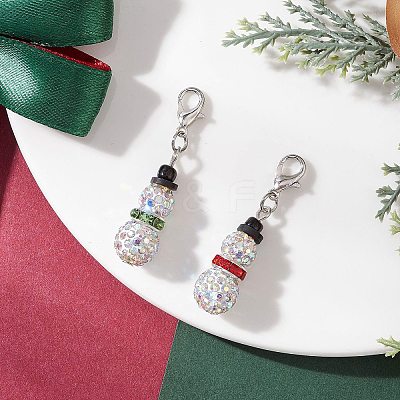 2Pcs Christmas Snowman Pave Disco Ball Beads & Brass Rhinestone Pendant Decorations HJEW-JM04452-1