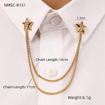 304 Stainless Steel Pave Cubic Zirconia Star Hanging Chain Brooch JEWB-S021-02G-01-1