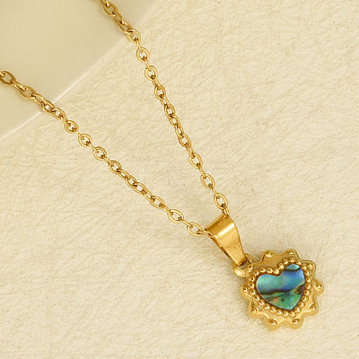 Stylish 304 Stainless Steel Pave Natural Paua Shell Heart-shaped Pendant Necklaces OG2679-3-1