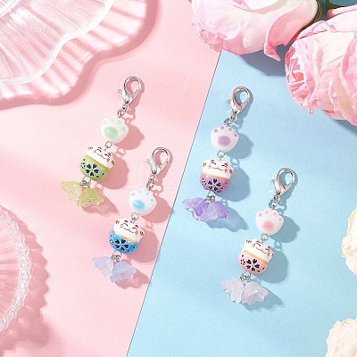 4Pcs Maneki Neko Handmade Porcelain Beads Pendant Decorations HJEW-JM04252-1