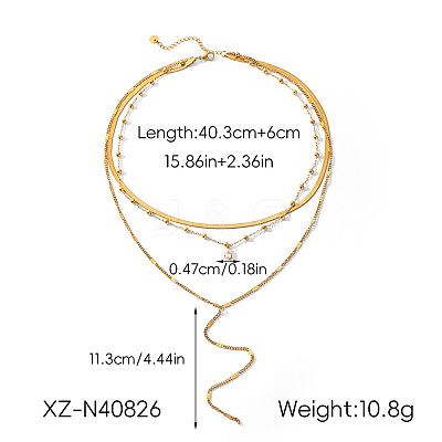 304 Stainless Steel Pave Clear Cubic Zirconia Teardrop Long Tassel Pendant 3 Layer Chain Necklaces for Women WGE5E69-01-1