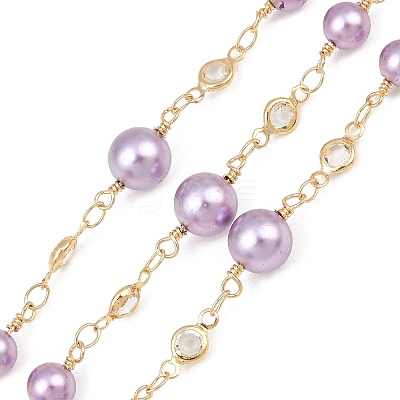 Rack Plating Brass & Round ABS Imitation Pearl & Glass Beaded Link Chains KK-CBA3816-01C-1