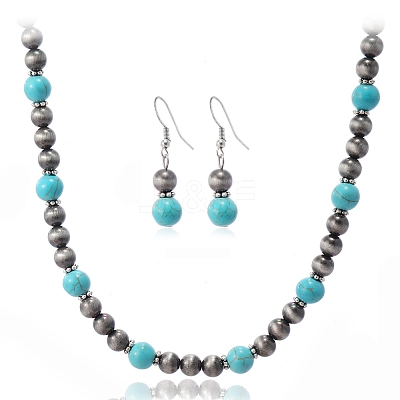 Synthetic Turquoise & CCB Plastic Round Beaded Necklaces & Dangle Earrings Sets WG1B28D-02-1