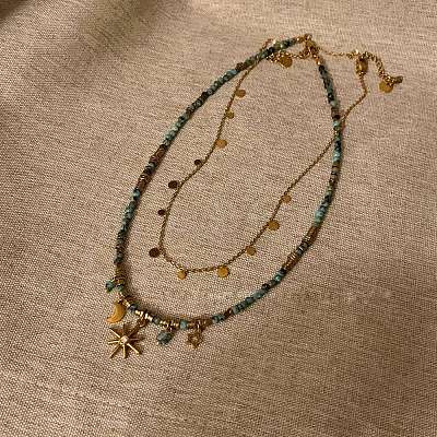 2pcs Star Moon Flat Round Alloy & Resin Imitation Gems Beaded Pendant Necklaces WG39DA0-03-1