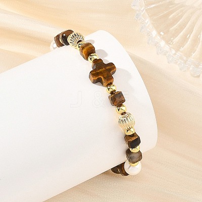 Natural Tiger Eye Faceted Cube Braided Bead Bracelets BJEW-JB14379-02-1