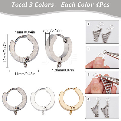 12Pcs 3 Colors 201 Stainless Steel Huggie Hoop Earrings Findings STAS-SC0004-52-1