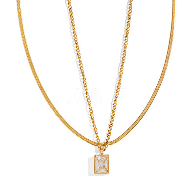 European Style Stainless Steel Pave Clear Cubic Zirconia Rectangle Pendant Snake Chain Double Layered Necklaces for Women ND1910-1