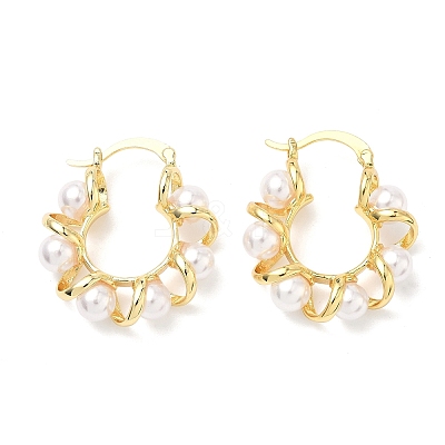 Twist Brass & ABS Plastic Pearl Hoop Earrings EJEW-P336-05G-1