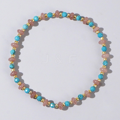 Beach Vacation Style Natuarl Strawberry Quartz & Synthetic Turquoise Beaded Stretch Bracelet Women RO9590-6-1