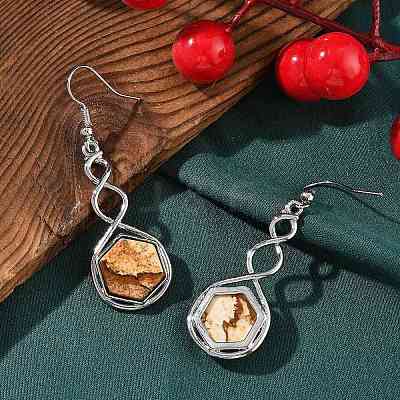 Hexagon Natural Picture Jasper Dangle Earrings EJEW-K298-01P-11-1
