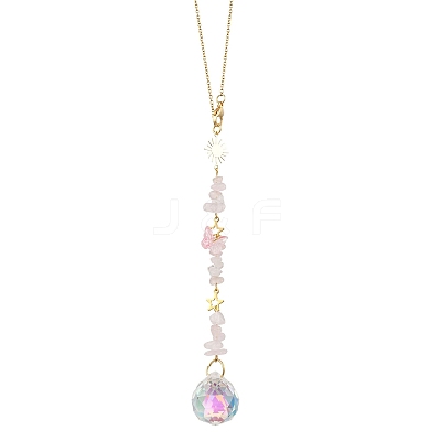 Round Glass & Natural Rose Quartz Chips Hanging Suncatchers HJEW-JM04209-03-1