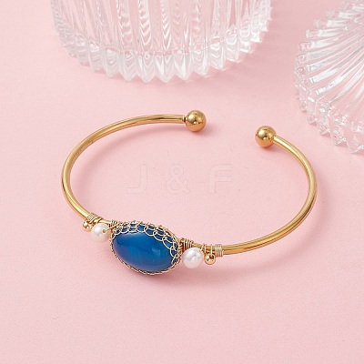 Wire Wrapped Natural Agate Cuff Bangles BJEW-TA00742-03-1