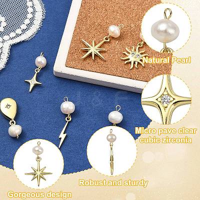 6Pcs 6 Styles Brass & Natural Pearl Flower Star Sun Pendants KK-CJ0002-77-1