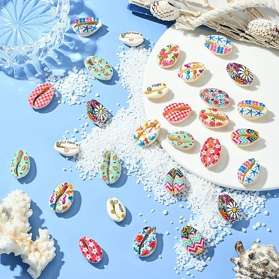 60Pcs 12 Styles Printed Natural Shell Beads BSHE-CJ0001-10-1