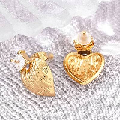 304 Stainless Steel Pave Single Cubic Zirconia Heart Stud Earrings for Women SA-CBAB549-04G-1