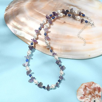 Natural Amethyst & Lapis Lazuli Chips & Shell Pearl Beaded Necklace for Women NJEW-TA00127-1