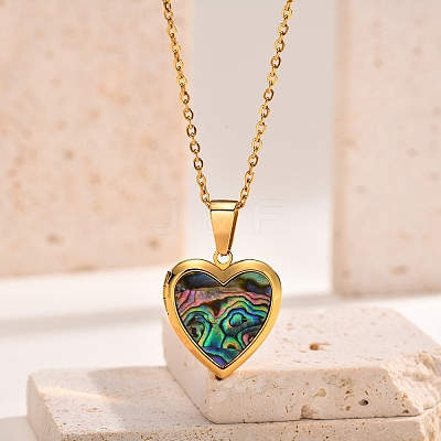Stainless Steel Pave Natural Paua Shell Love Heart Peach Locket Pendant Cable Chain Necklaces for Women PW-WG7AB06-01-1
