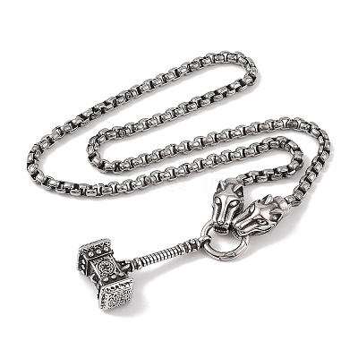 304 Stainless Steel Tiger Head King Box Chain Viking Mjolnir Thor Hammer Pendant Necklaces for Men NJEW-K378-04AS-1
