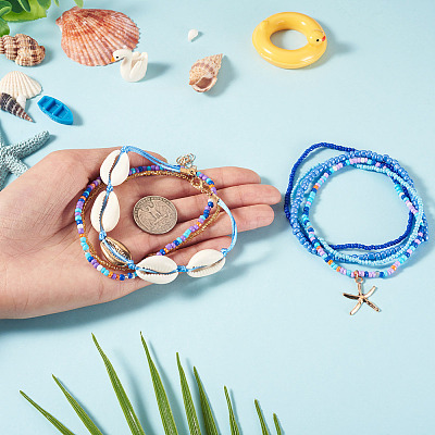 2 Bags Summer Beach Glass Seed Beaded & Natural Shell & Alloy Starfish Charm Anklet Sets AJEW-TA0003-69D-1