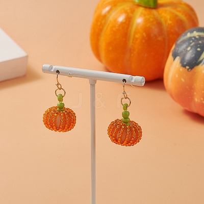 Wood & Seed Beaded Pumpkin Pendant Dangle Earring EJEW-JE05183-1