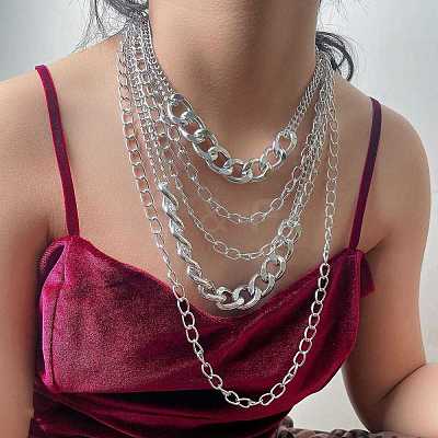 Punk Alloy & Aluminum Cuban Link Chain Multi Layered Necklaces for Women FS-WG4574A-02-1