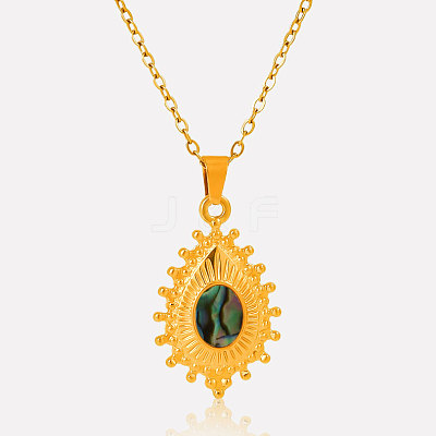 304 Stainless Steel Pave Natural Paua Shell Teardrop Pendant Necklaces RV9484-3-1