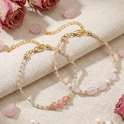 2Pcs Natural Rose Quartz & Glass & Imitation Pearl & Brass Beaded Bracelets for Women JV0360-3-1