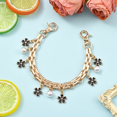 Alloy Enamel Flower with ABS Plastic Pearl Round Bead Charm Iron Chain Bag Decorative Chains HJEW-FS00054-04-1