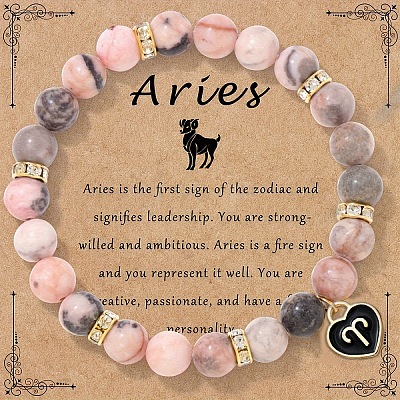 12 Constellations Natural Zebra Jasper Round Beaded with Enamel Heart Charm Bracelets WGB6967-03-1