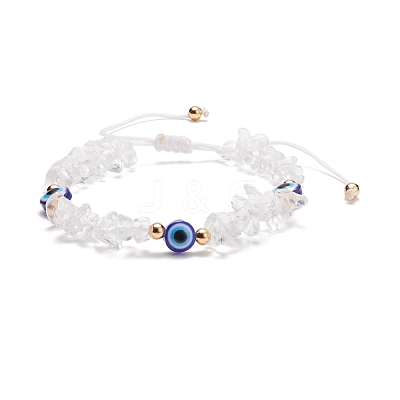 Natural Quartz Crystal Chips & Resin Evil Eye Braided Bead Bracelet BJEW-JB08495-06-1