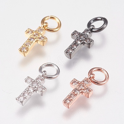 Brass Micro Pave Cubic Zirconia Tiny Cross Charms ZIRC-E147-62-1