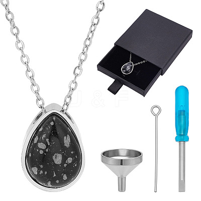 Natural Snowflake Obsidian Teardrop Urn Ashes Pendant 304 Stainless Steel Cable Chain Necklaces NJEW-OC0001-09A-1